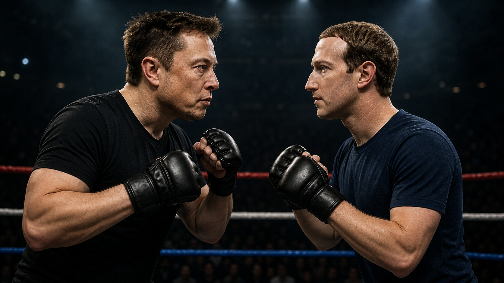 AI-generated editorial image of Elon Musk and Mark Zuckerberg in a staged sports face-off